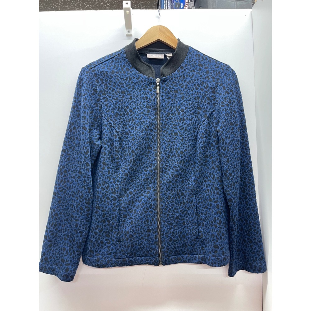 Chicos Blue Black Leopard Animal Print Full Zip Bomber Jacket Size 1 M 8